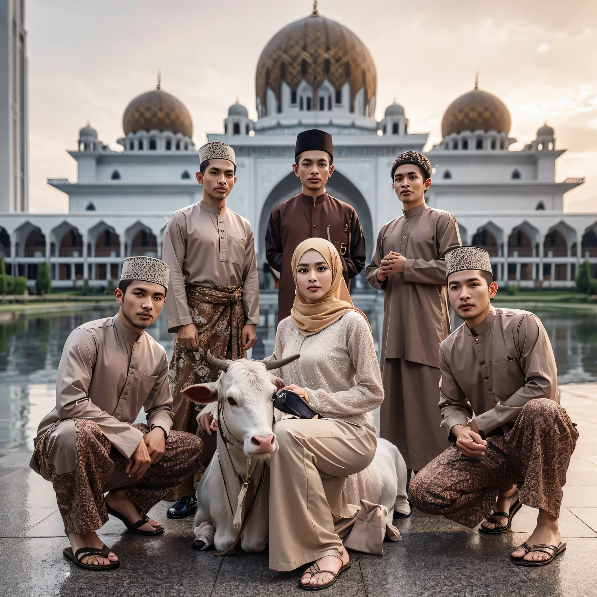 realistic photo of a woman and five Indonesian men wearing matching Muslim clothing, standing and squatting politely while holding a cow, facing the camera, pose full of authority, background of a magnificent mosque, in the background there is a beautiful pond, soft bokeh on the foreground, ultra detail, perfect hands and feet, ultra realism, hyperrealistic, photorealistic, shot using the iPhone 15 Pro Max camera