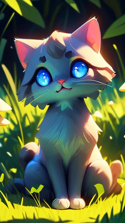 there is a cat that is sitting in the grass with mushrooms, green glowing eyes, magical glowing eyes, glowing eyes everywhere, with glowing eyes, alex grey cat, beautiful blue glowing eyes, cat in the forest, glowing magical eyes, blue glowing eyes, very glowing eyes, brightly glowing eyes, beautiful glowing eyes, large glowing eyes, glowing eyes, white glowing eyes