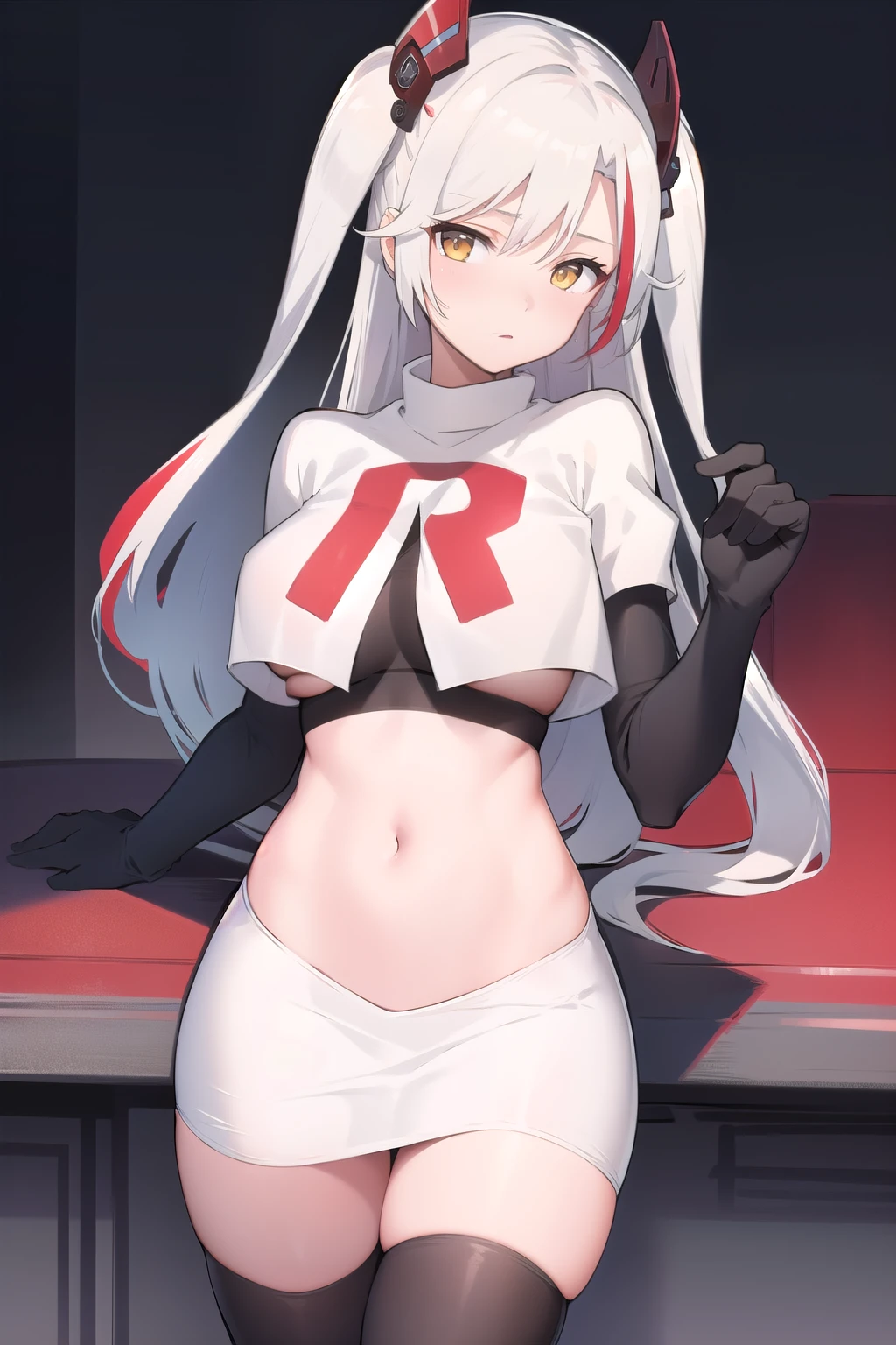 masterpiece, best quality, PrinzV4, 1girl, solo, long hair, breasts, looking at viewer, large breasts, navel, yellow eyes, white hair, red hair, multicolored hair, streaked hair, headgear, team rocket,team rocket uniform,white skirt,red letter R,crop top,black thigh-highs,black elbow gloves