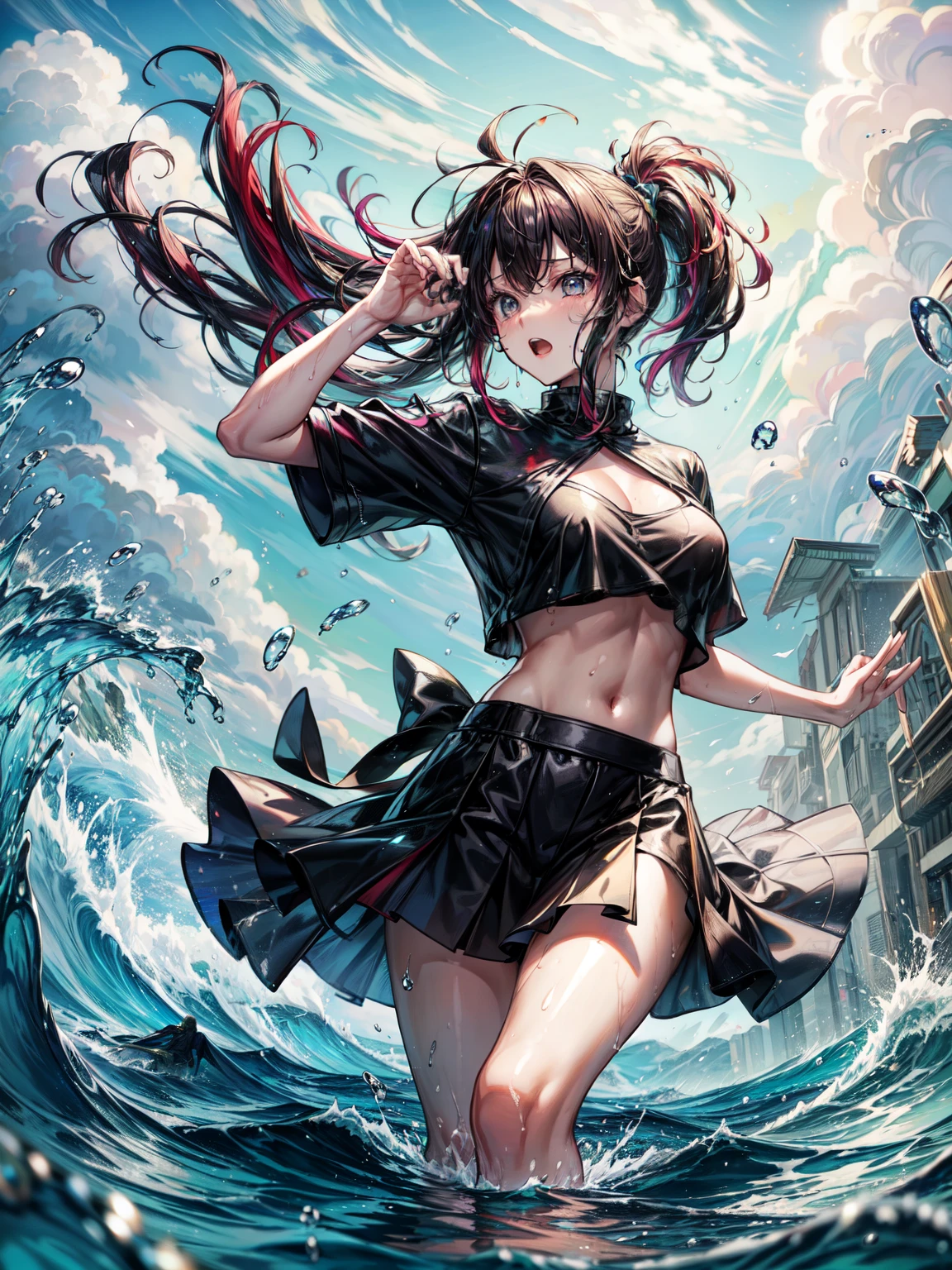 masterpiece, highest quality, (Dynamic pose:0.5), Absurd, One girl, Fighting Pose, Punch Water, (Water shock wave:1.Attack with 5), Wet clothes, Wet Hair, Wet Face, Waters, Multicolored Hair, (Wind:1.4)