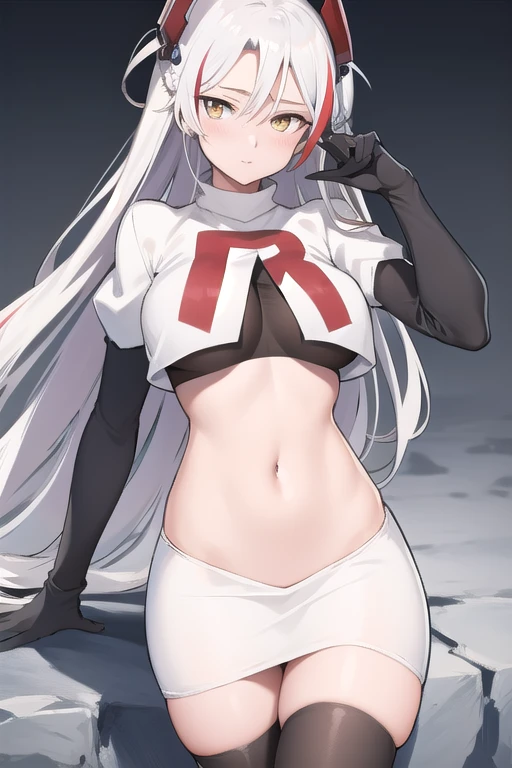 masterpiece, best quality, PrinzV4, 1girl, solo, long hair, breasts, looking at viewer, large breasts, navel, yellow eyes, white hair, red hair, multicolored hair, streaked hair, headgear, team rocket,team rocket uniform,white skirt,red letter R,crop top,black thigh-highs,black elbow gloves