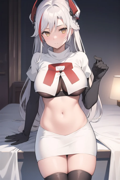 masterpiece, best quality, PrinzV4, 1girl, solo, long hair, , looking at viewer, large breasts, yellow eyes, white hair, red hair, multicolored hair, streaked hair, headgear, team rocket,team rocket uniform,white skirt,red letter R,crop top,black thigh-highs,black elbow gloves