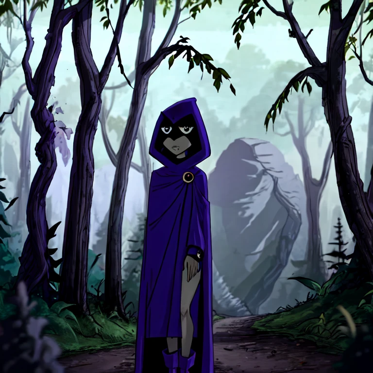 white raven, 1girl, solo, boots, short hair, purple hair, hood, cape, colored skin, cloak, grey skin, forehead jewel, cowboy shot, forest 
