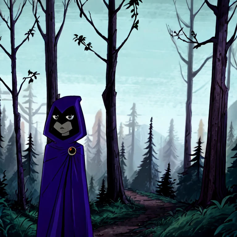 white raven, 1girl, solo, boots, short hair, purple hair, hood, cape, colored skin, cloak, grey skin, forehead jewel, cowboy shot, forest 
