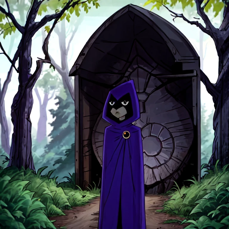 white raven, 1girl, solo, boots, short hair, purple hair, hood, cape, colored skin, cloak, grey skin, forehead jewel, cowboy shot, forest 
