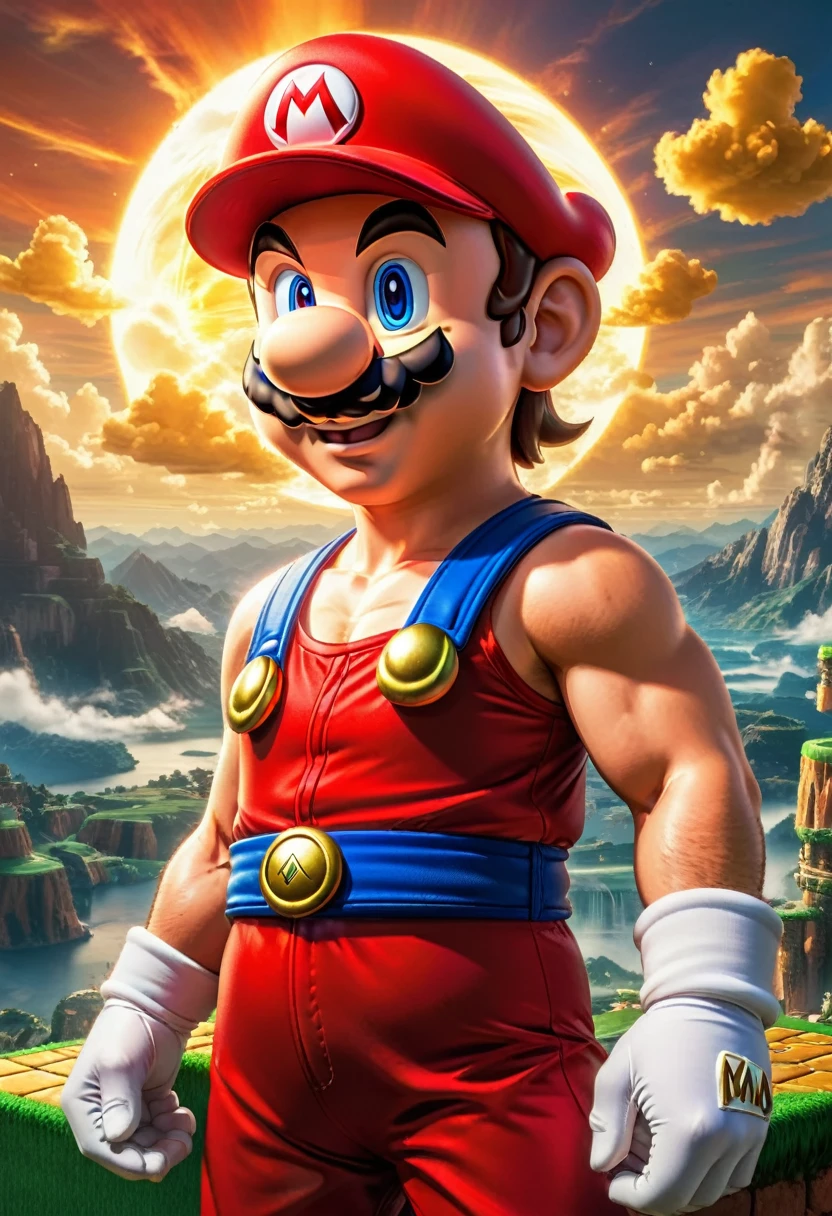 A stunning digital painting of Super Mario in the style of Dragon Ball Z, with intricate details and vibrant colors. Mario is depicted with a muscular bui
ld, wearing his signature red cap and jumpsuit. The edges of the image are adorned with shiny gold, reminiscent of Zelda's art style. The background features a mythical landscape with a setting sun, casting dramatic cinematic lighting on the scene. The overall effect is highly photorealistic and epic, showcasing Mario as a true hero in a fantastical world., portrait photography, conceptual art, illustration