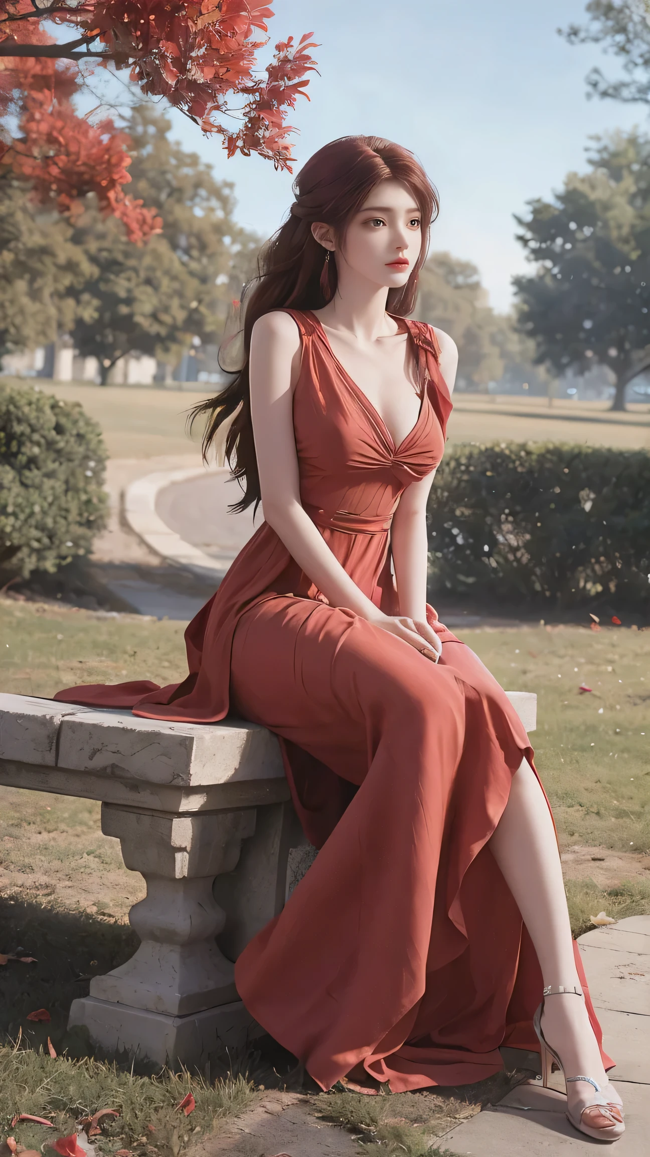 8K Ultra HD, Mastmis, A girl, Good face, Detailed, Eyes, Beautiful lips, Very red hair, dishiveredhair, Medium breasts, Wedding dress, red dress, In the park, Flying birds, blows wind, clear weather, Sitting, Full body capture,