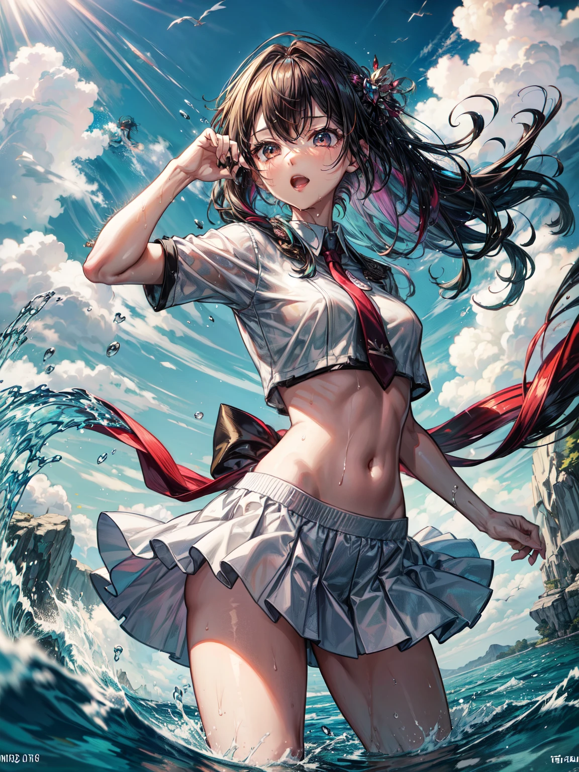 masterpiece, highest quality, (Dynamic pose:0.5), Absurd, One girl, Fighting Pose, Punch Water, (Water shock wave:1.Attack with 5), Wet clothes, Wet Hair, Wet Face, Waters, Multicolored Hair, (Wind:1.4)