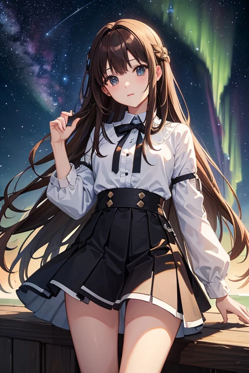 masterpiece, highest quality, High resolution，Follow the prompts、Anime Style、Brown Hair、Long Hair、black eye、Under the shooting stars, the Milky Way and the Aurora