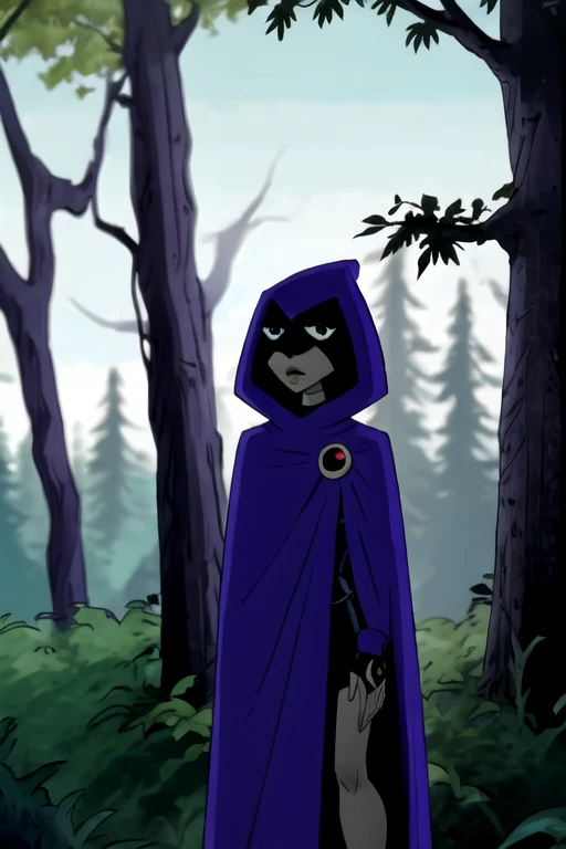 white raven, 1girl, solo, boots, short hair, purple hair, hood, cape, colored skin, cloak, grey skin, forehead jewel, cowboy shot, forest 
