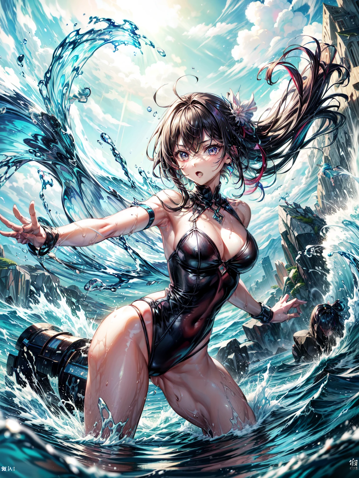 masterpiece, highest quality, (Dynamic pose:0.5), Absurd, One girl, Fighting Pose, Punch Water, (Water shock wave:1.Attack with 5), Wet clothes, Wet Hair, Wet Face, Waters, Multicolored Hair, (Wind:1.4)