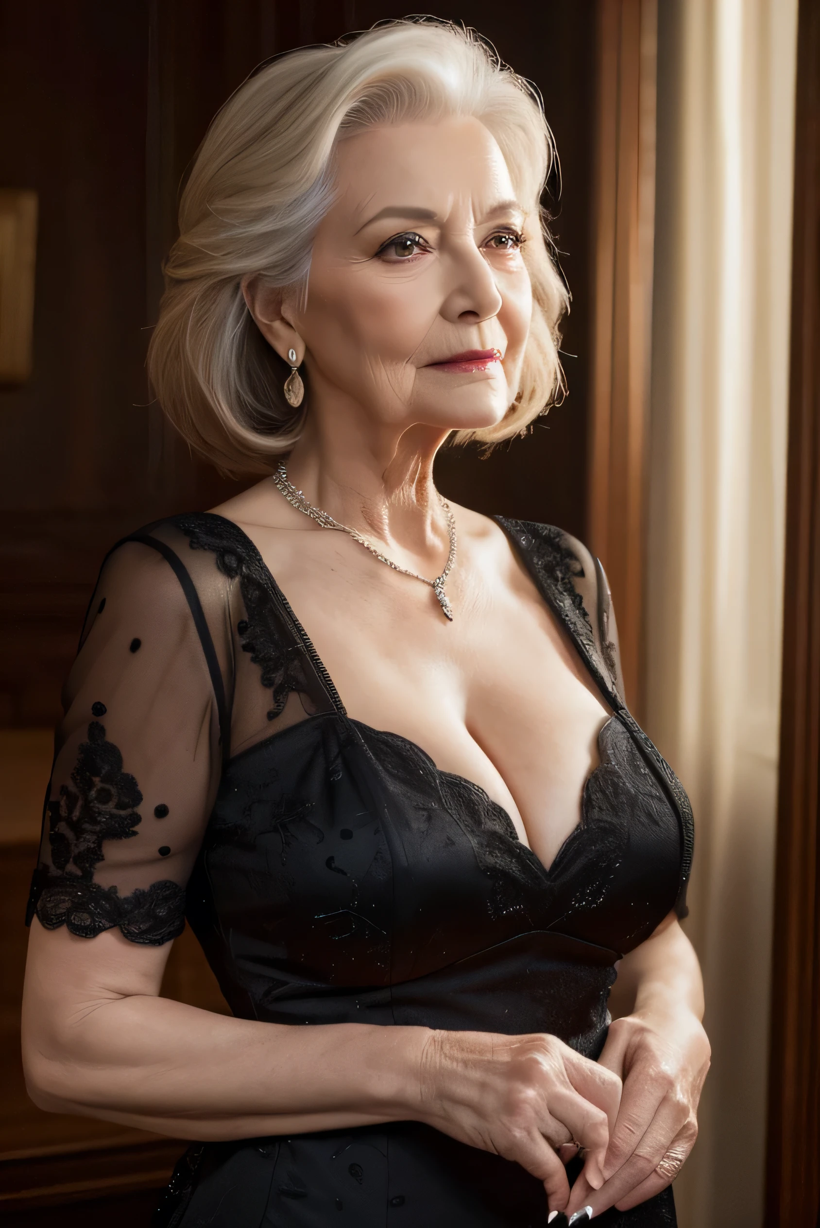 highest quality, masterpiece, High resolution, Realistic, RAW Photos, 8k wallpaper, perfection, Professional Lighting, Very detailed, ((One beautiful woman)), 80 years old, Sexy Woman, ((Black Dress)), Cleavage, Upper Body, ((look into the viewer'eye)), Detailed face, Beautiful eye, ((I'looking forward to it)), In the stylish dining room, sunny, bangs, Shapely breasts, Short Bob Hair, Plump and glossy lips, Cowboy Shot, ((Place your arms between your legs))