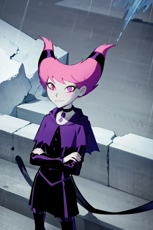 ((best quality)), ((highly detailed)), absurdres, detailed face, beautiful face, (detailed eyes, deep eyes), (1girl), crossed arms, Jinx_TeenTitans, medium hair, pink hair, hair up, hair horns, pink eyes, snake eyes, pale skin, grey skin, smirk, choker, jewelry, black dress, long sleeves, collarbone, capelet, striped pantyhose, ((striped legwear)), (outdoors, at a glacier, midday, rain)