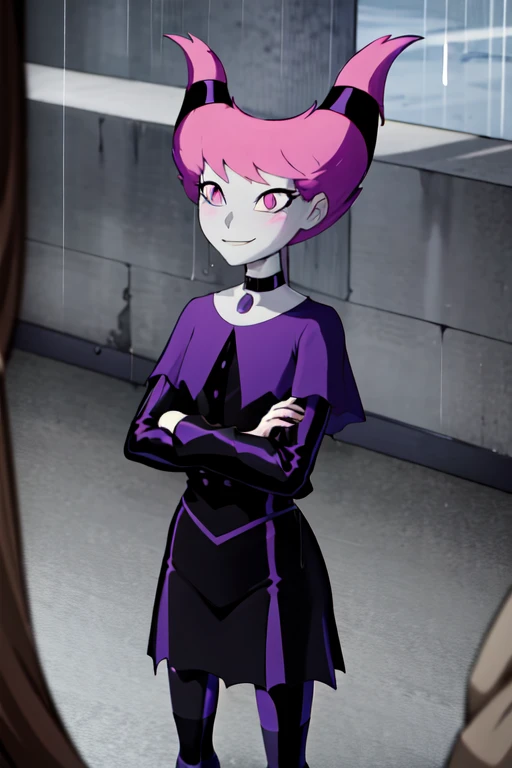 ((best quality)), ((highly detailed)), absurdres, detailed face, beautiful face, (detailed eyes, deep eyes), (1girl), crossed arms, Jinx_TeenTitans, medium hair, pink hair, hair up, hair horns, pink eyes, snake eyes, pale skin, grey skin, smirk, choker, jewelry, black dress, long sleeves, collarbone, capelet, striped pantyhose, ((striped legwear)), (outdoors, at a glacier, midday, rain)