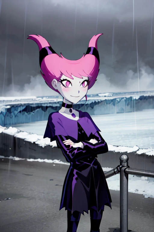 ((best quality)), ((highly detailed)), absurdres, detailed face, beautiful face, (detailed eyes, deep eyes), (1girl), crossed arms, Jinx_Titans, medium hair, pink hair, hair up, hair horns, pink eyes, snake eyes, pale skin, grey skin, smirk, choker, jewelry, black dress, long sleeves, collarbone, capelet, striped pantyhose, ((striped legwear)), (outdoors, at a glacier, midday, rain)