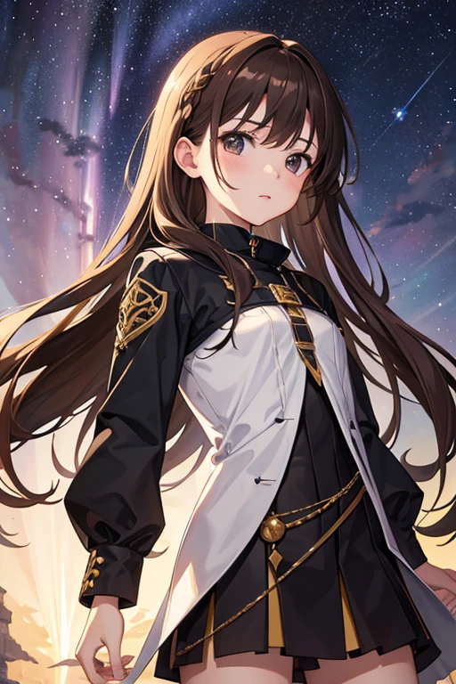 masterpiece, highest quality, High resolution，Follow the prompts、Anime Style、Brown Hair、Long Hair、black eye、Under the meteor shower, the Milky Way and the Aurora