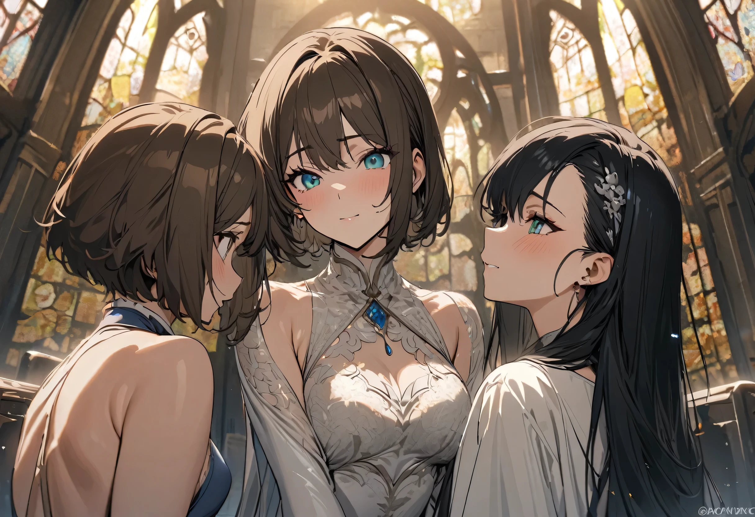 ((Group photo shoot style, The bride and groom are in the center)), break, (a bob brown hair short hair immensely beautiful bride woman, beautiful green eyes) and (a black very short hair groom guy, Athlete body, tool, soft smile, blue eyes, glasses), BREAK, (in the detailed Chapel), (background is blessing group), standing wait, BREAK, perfect anatomy, masterpiece, best quality, 16k, beautiful detailed grow, daydreaming expression.