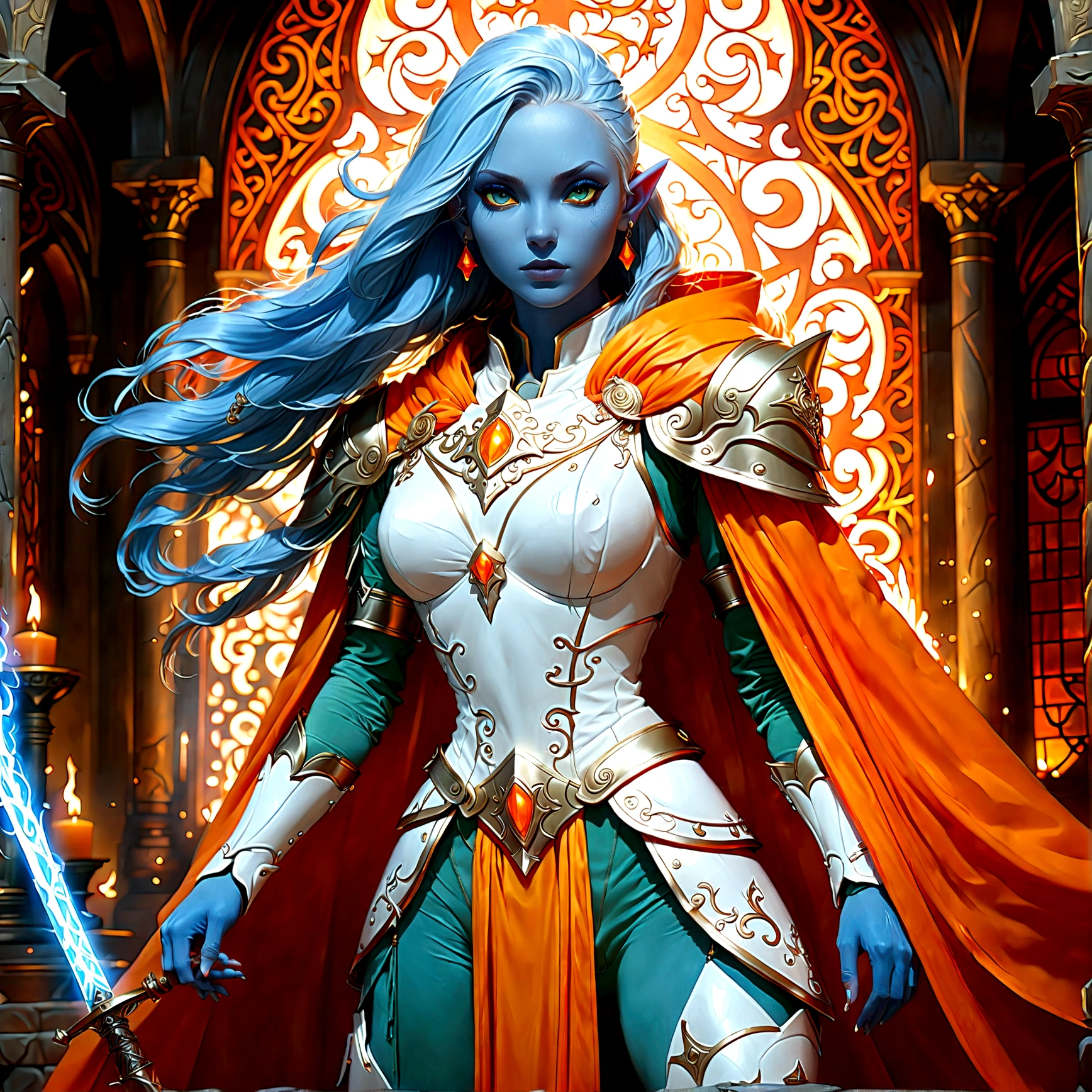 fantasy art, dnd art, RPG art, wide shot, (masterpiece: 1.4) a (portrait: 1.3) intense details, highly detailed, photorealistic, best quality, highres, portrait a female (fantasy art, Masterpiece, best quality: 1.3) ((blue skin: 1.5)), intense details facial details, exquisite beauty, (fantasy art, Masterpiece, best quality) cleric, (blue skinned: 1.3) female, white hair, long hair, (no ears: 1.5), (green eyes: 1.3), armed with a fiery sword red fire, wearing heavy (white armor: 1.3), wearing high heeled laced boots, wearing an (orange cloak:1.3), wearing glowing holy symbol GlowingRunes_yellow, within fantasy temple background, reflection light, high details, best quality, 16k, [ultra detailed], masterpiece, best quality, (extremely detailed), close up, ultra wide shot, photorealistic, RAW, fantasy art, dnd art, fantasy art, realistic art,((best quality)), ((masterpiece)), (detailed), perfect face, ArmoredDress