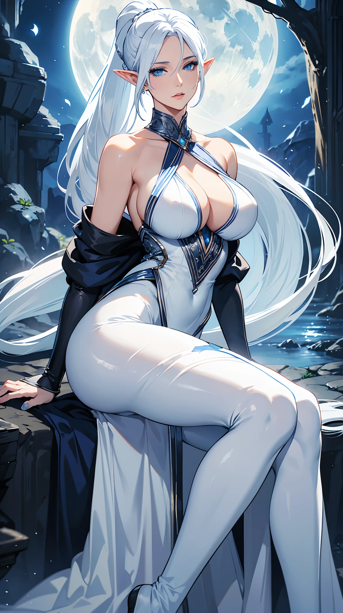 elf, blue eyes, moonlight, fantasy world, medieval, white hair, long ponytail, elegant, mature woman, bare shoulder, long leggings, perfecteyes eyes