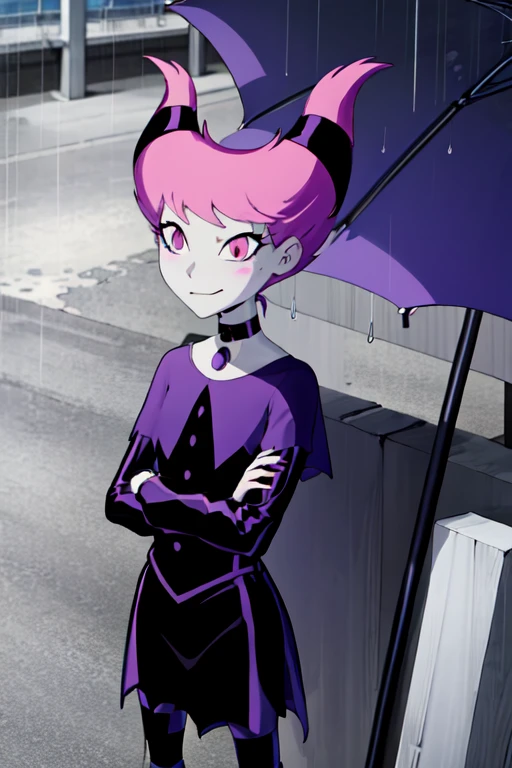 ((best quality)), ((highly detailed)), absurdres, detailed face, beautiful face, (detailed eyes, deep eyes), (1girl), crossed arms, Jinx_TeenTitans, medium hair, pink hair, hair up, hair horns, pink eyes, snake eyes, pale skin, grey skin, smirk, choker, jewelry, cape, black dress, long sleeves, collarbone, capelet, striped pantyhose, ((striped legwear)), (outdoors, at a glacier, midday, rain)