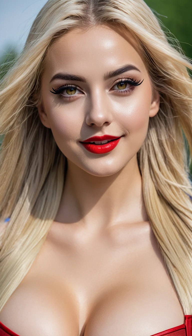 hyperrealistic beautiful busty 19-year-old woman with long legs wearing female superhero cosplay outfit, model shooting full body photography, bleached blonde very long straight hair, soaky wet skin, dark eye makeup with eyeliner, seductive smile, red lips, 8K, Best quality, Meisterwerk, ultra high resolution, (Realismus: 1.4), Originalfoto, (realistische Hautstruktur: 1.3), (Filmkorn: 1.3), (Selfie-Winkel), 1 girl, Beautiful round hazel eyes and facial details, Meisterwerk, Best quality, outdoor photography, nsfw
