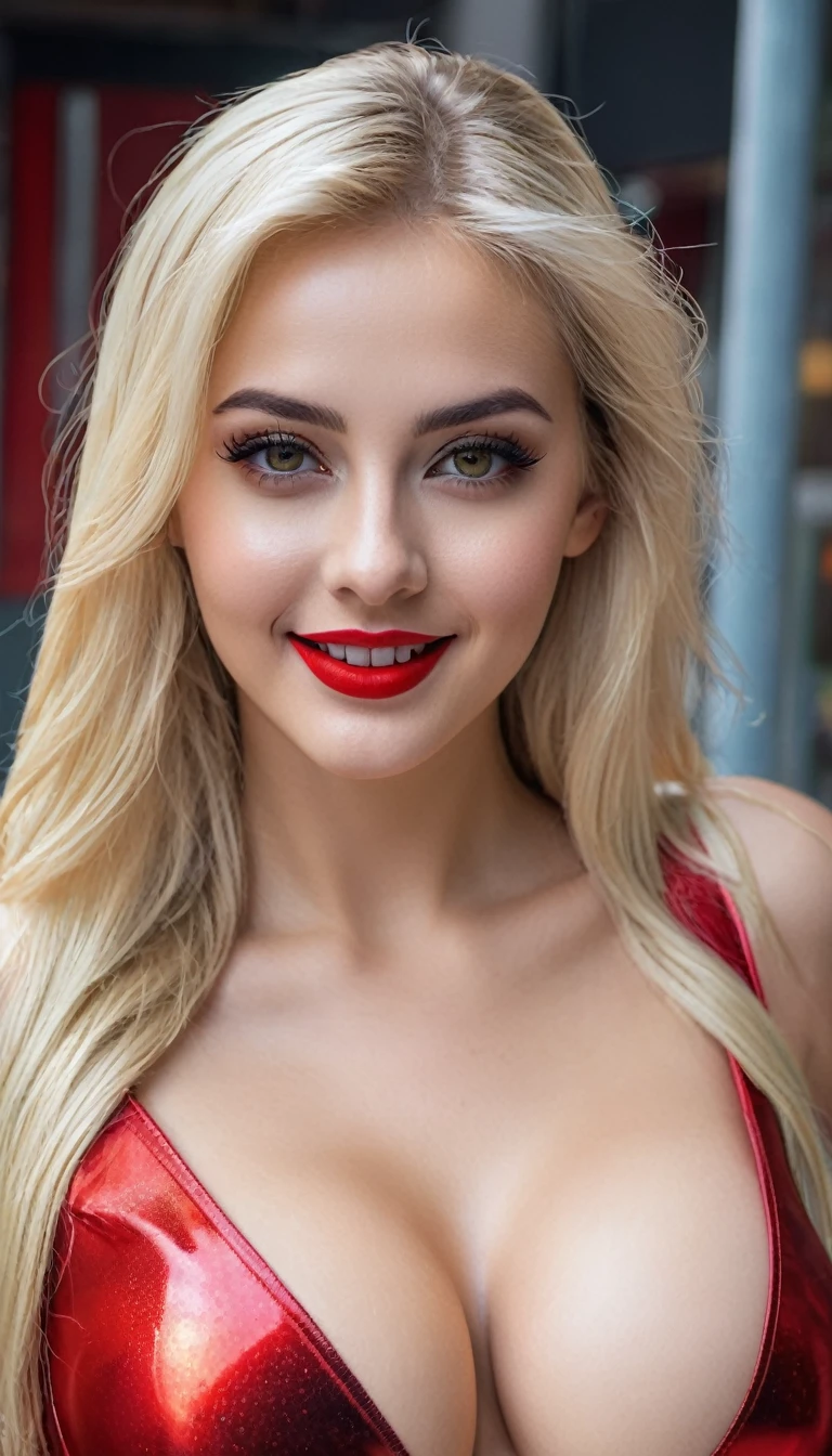 hyperrealistic beautiful busty 19-year-old woman with long legs wearing female superhero cosplay outfit, model shooting full body photography, bleached blonde very long straight hair, soaky wet skin, dark eye makeup with eyeliner, seductive smile, red lips, 8K, Best quality, Meisterwerk, ultra high resolution, (Realismus: 1.4), Originalfoto, (realistische Hautstruktur: 1.3), (Filmkorn: 1.3), (Selfie-Winkel), 1 girl, Beautiful round hazel eyes and facial details, Meisterwerk, Best quality, outdoor photography, nsfw