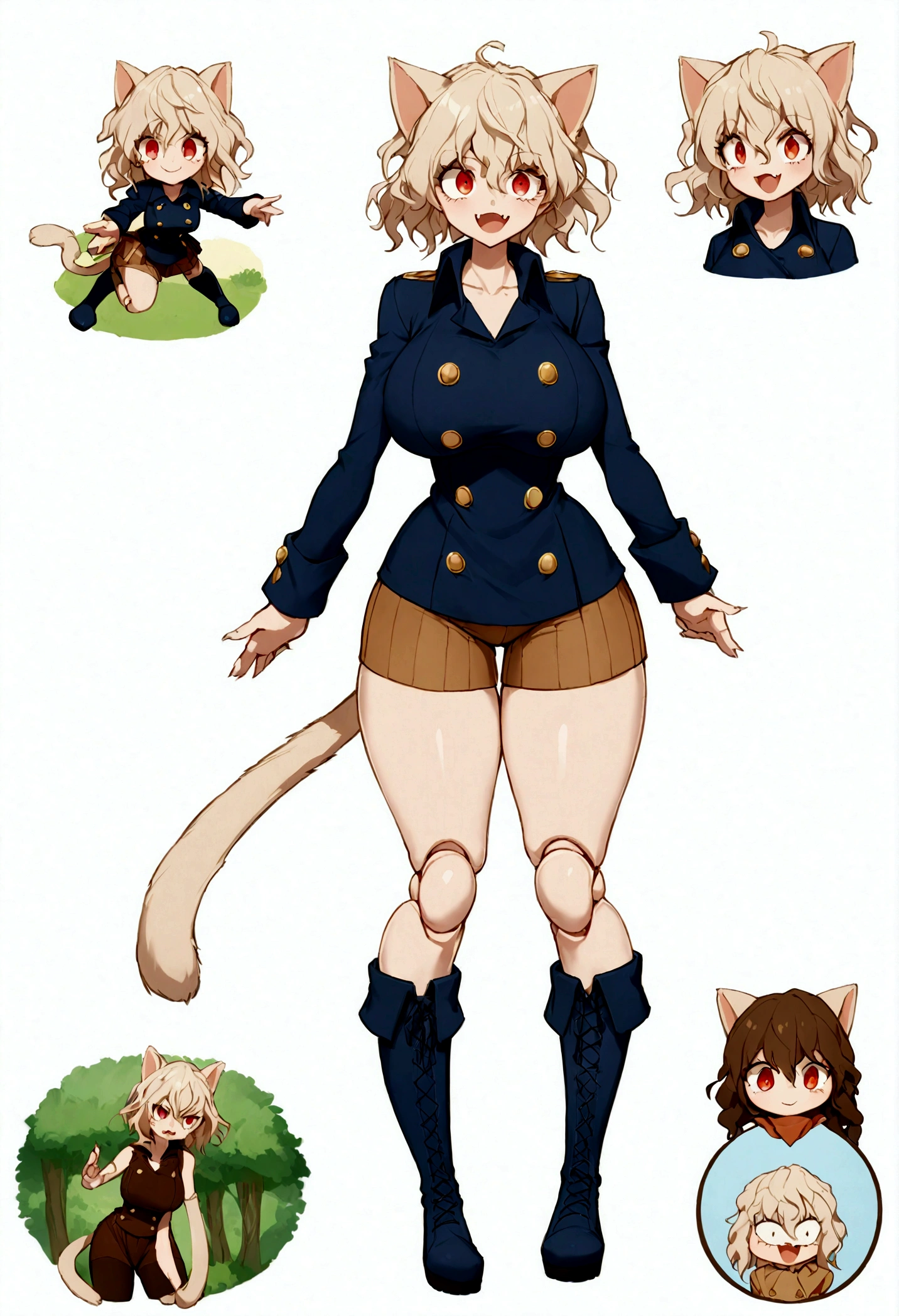 solo,open mouth,fangs,smile, Neferpitou,1girl,red eyes,cat ears, blue jacket,double-breasted, (nature:1.2),stading, full body, boots, huge breast, curvy, tall female,refsheet, cat tails,Neferpitou,1girl,red eyes,cat ears, blue jacket,double-breasted, (brown shorts:1.2),striped, brown socks,blue footwear, doll joints,(nature:1.2),solo,combat stance,lora:add_detail:1>,solo,open mouth,fangs,smile, fangs, sharpteeth,,{best quality}, {amazing quality} {best quality},{amazing quality},, {absurdres},{{highres}}, {very aesthetic}, {detailed}, curvy, tall, huge breast, character focus, white background,full-length portrait,