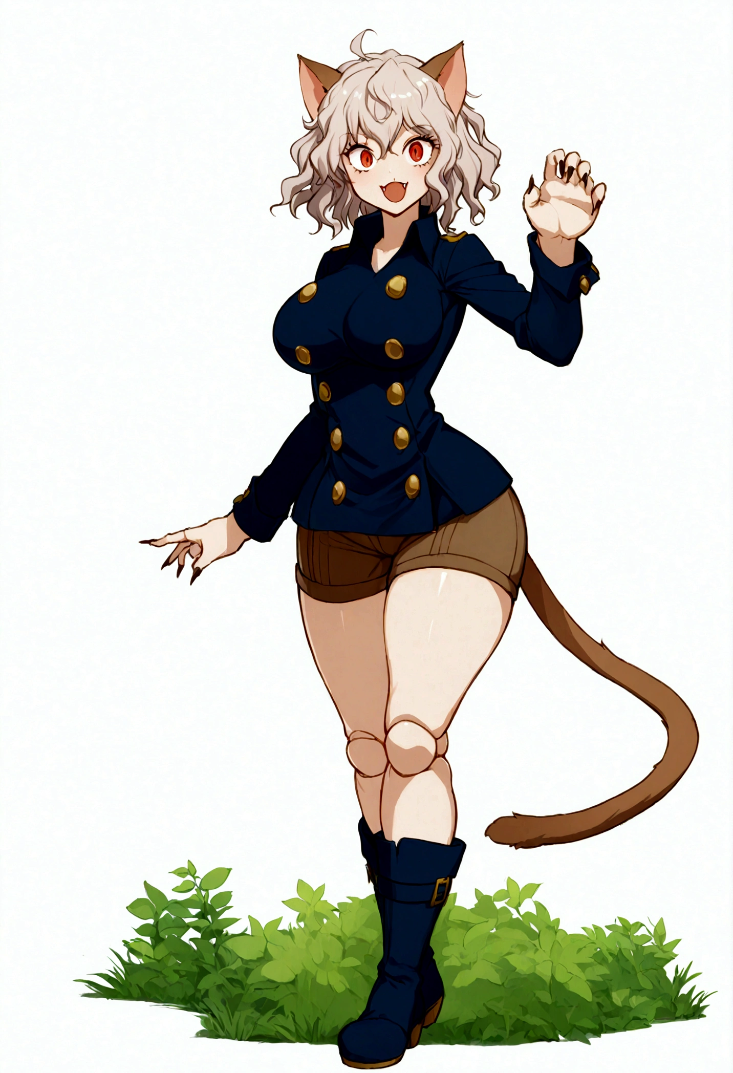 solo,open mouth,fangs,smile, Neferpitou,1girl,red eyes,cat ears, blue jacket,double-breasted, (nature:1.2),stading, full body, boots, huge breast, curvy, tall female,refsheet, cat tails,Neferpitou,1girl,red eyes,cat ears, blue jacket,double-breasted, (brown shorts:1.2),striped, brown socks,blue footwear, doll joints,(nature:1.2),solo,combat stance,lora:add_detail:1>,solo,open mouth,fangs,smile, fangs, sharpteeth,,{best quality}, {amazing quality} {best quality},{amazing quality},, {absurdres},{{highres}}, {very aesthetic}, {detailed}, curvy, tall, huge breast, character focus, white background,full-length portrait,