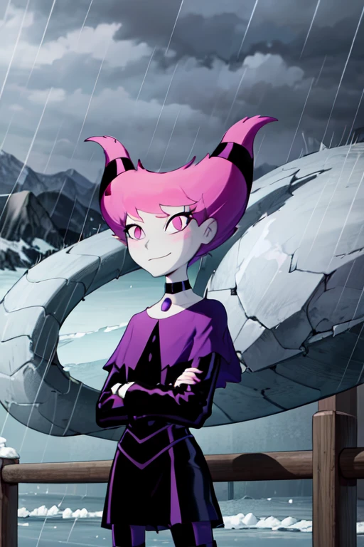 ((best quality)), ((highly detailed)), absurdres, detailed face, beautiful face, (detailed eyes, deep eyes), (1girl), crossed arms, Jinx_TeenTitans, medium hair, pink hair, hair up, hair horns, pink eyes, snake eyes, pale skin, grey skin, smirk, choker, jewelry, cloak, black dress, long sleeves, collarbone, capelet, striped pantyhose, ((striped legwear)), (outdoors, at a glacier, midday, rain)