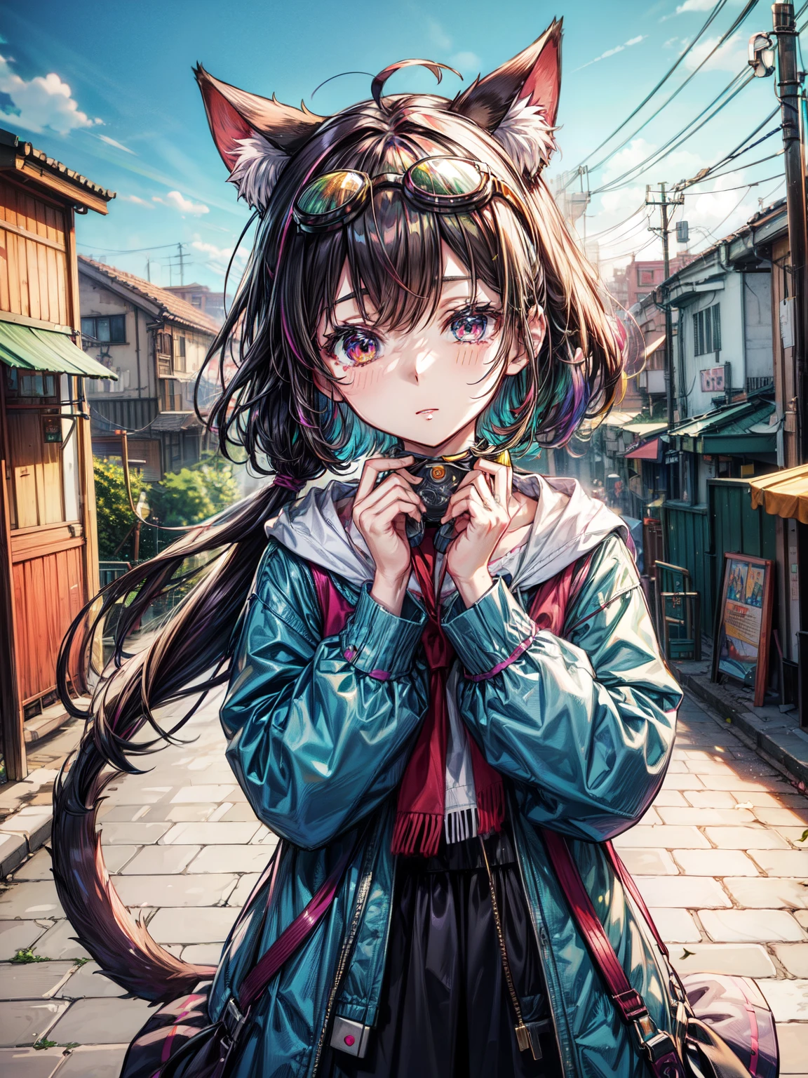 colourfull、Color、Cat's ears、emotional、glad、Blissful、Wear detailed goggles on your head、fine personal clothes、Complex city background、Dreams、rainbows、High definition 4K anime illustration、hiquality、8k wallpaper