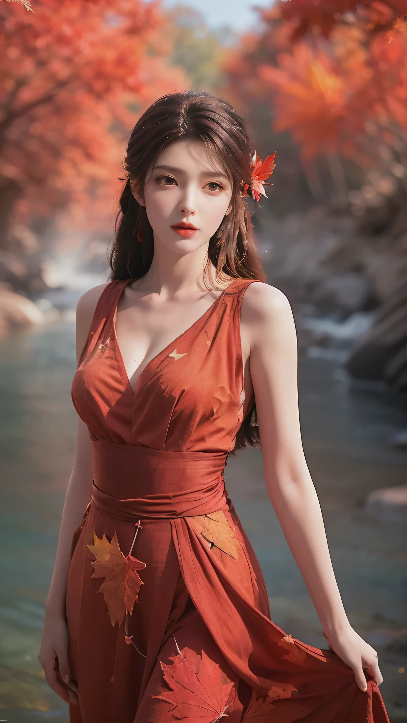 (fashion magazine cover:1.3),(full-size photograph:1.3),(a beautiful and delicate girl:1.2),(gorgeous formal attire:1.1),cleavage,(fashion design:1.1),a tender and watery gaze,elegant,
((Dadaism)),(creek:1.2),(free wind:1.1),(mist:1.1),warm and delicate sunshine,(red maple leaf:1.1),photography,