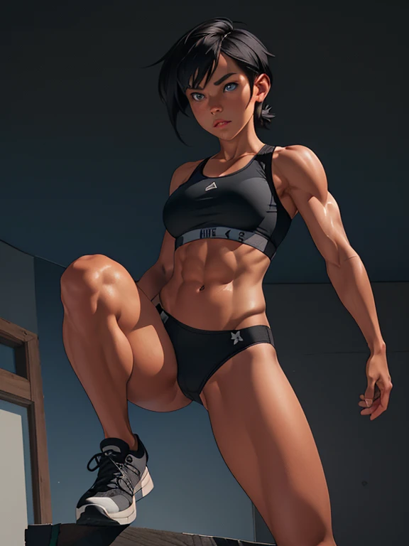 ink painting style, sketch, dynamic image of a female athlete with large breasts and a toned muscular body, short black tousled pixie hair, Blue eyes, wearing a sports bra and very small skimpy black almost transparent thong panties, sneakers, A play of chiaroscuro