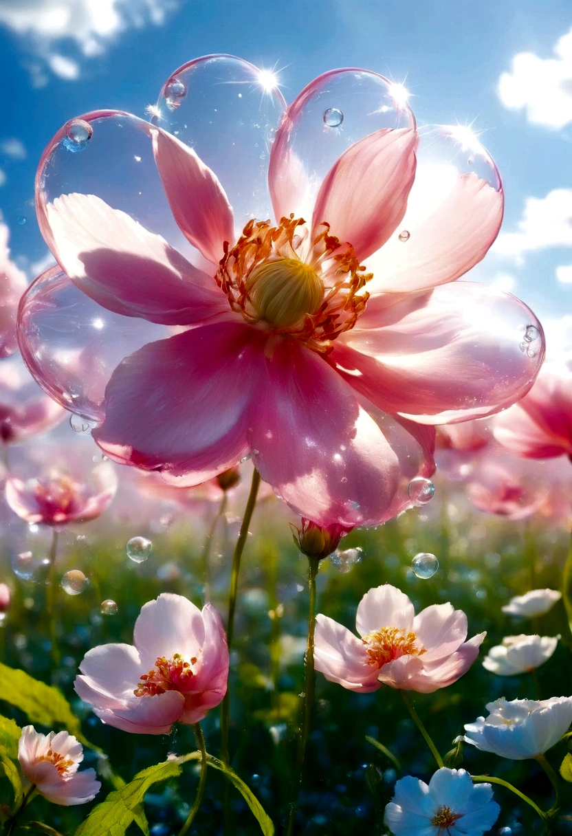 there is a pink flower with bubbles floating on it, Flowers bloom and spray, Magical flowers, pink flowers, Beautiful flowers, pink flower, Surreal Waizi Flowers, Beautiful background, Gorgeous wallpaper, Beautiful wallpapers, Fantasy flower fields, Glowing delicate flowers, field of pink flowers, Beautiful flowerss, HD Wallpapers, Pink petals flying, Has a blooming and ethereal effect