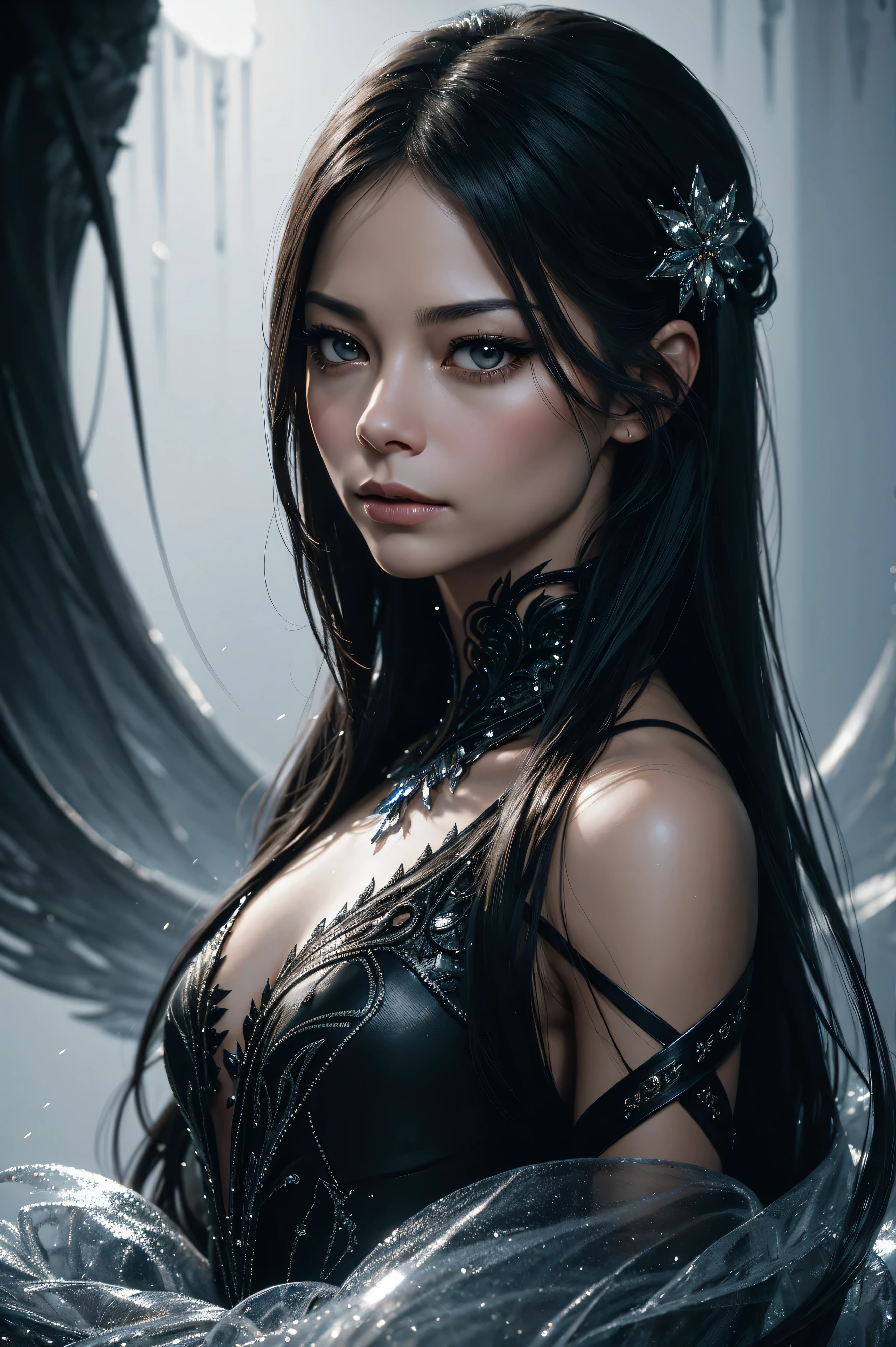 portrait Kristin Kreuk, black swan costume, against the background of ice, character portrait, 3 9 9 0 s, long hair, intricate, elegant, highly detailed, digital painting, artstation, concept art, smooth, sharp focus, illustration, art by wlop, charlie bowater and alexandra fomina, 36 k