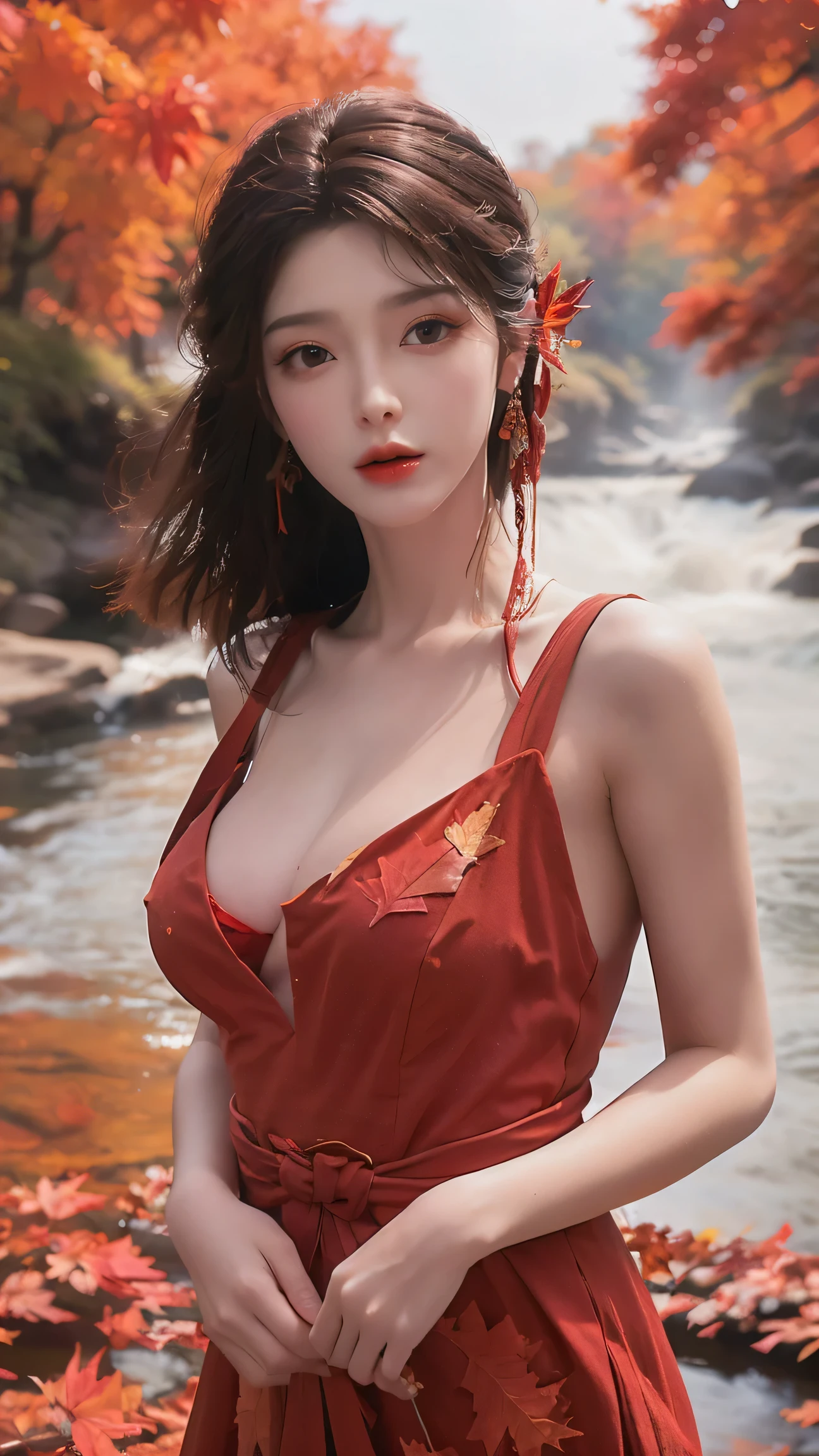 (fashion magazine cover:1.3),(full-size photograph:1.3),(a beautiful and delicate girl:1.2),(gorgeous formal attire:1.1),cleavage,(fashion design:1.1),a tender and watery gaze,elegant,
((Dadaism)),(creek:1.2),(free wind:1.1),(mist:1.1),warm and delicate sunshine,(red maple leaf:1.1),photography,