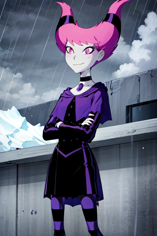 ((best quality)), ((highly detailed)), absurdres, detailed face, beautiful face, (detailed eyes, deep eyes), (1girl), crossed arms, Jinx_TeenTitans, medium hair, pink hair, hair up, hair horns, pink eyes, snake eyes, pale skin, grey skin, smirk, choker, jewelry, cape, black dress, long sleeves, collarbone, capelet, striped pantyhose, ((striped legwear)), (outdoors, at a glacier, midday, rain)