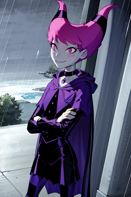 ((best quality)), ((highly detailed)), absurdres, detailed face, beautiful face, (detailed eyes, deep eyes), (1girl), crossed arms, Jinx_TeenTitans, medium hair, pink hair, hair up, hair horns, pink eyes, snake eyes, pale skin, grey skin, smirk, choker, jewelry, cape, black dress, long sleeves, collarbone, capelet, striped pantyhose, ((striped legwear)), (outdoors, at a glacier, midday, rain)