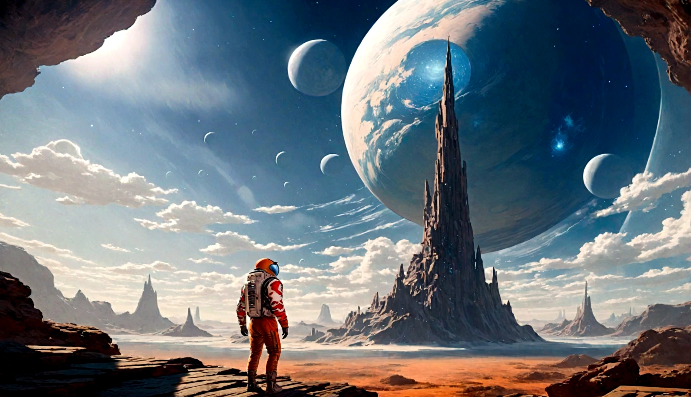 un homme debout sur une surface rocheuse regardant les planètes, art de science-fictionwork, Fond d'écran fantastique de science-fiction, science-fiction spatiale, art de science-fictionwork, Espace fantastique, art de science-fictionwork, art de science-fiction, fond d'amazing screen, art de science-fiction, art de science-fiction, galaxy science-fiction spatiale, Digital science fiction art, art fantastique de science-fiction épique, art de science-fiction