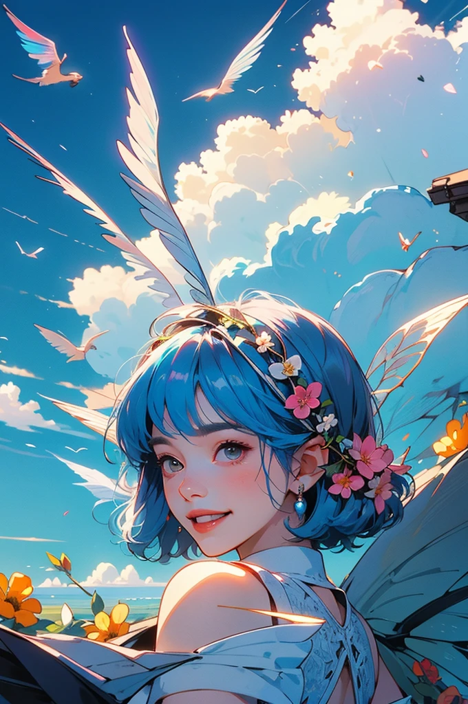 rooftop, cloud, null, 1 girl, illustration, 8K, highest quality, highly detailed, Beautiful expression, naughty, Cute face, grin, (Wings are growing:1.5), (1 Screen View:1.1), (masterpiece:1.2), (fluffy bob cut:1.1), (sky blue hair:1.4), (flower hair ornament:0.8)																