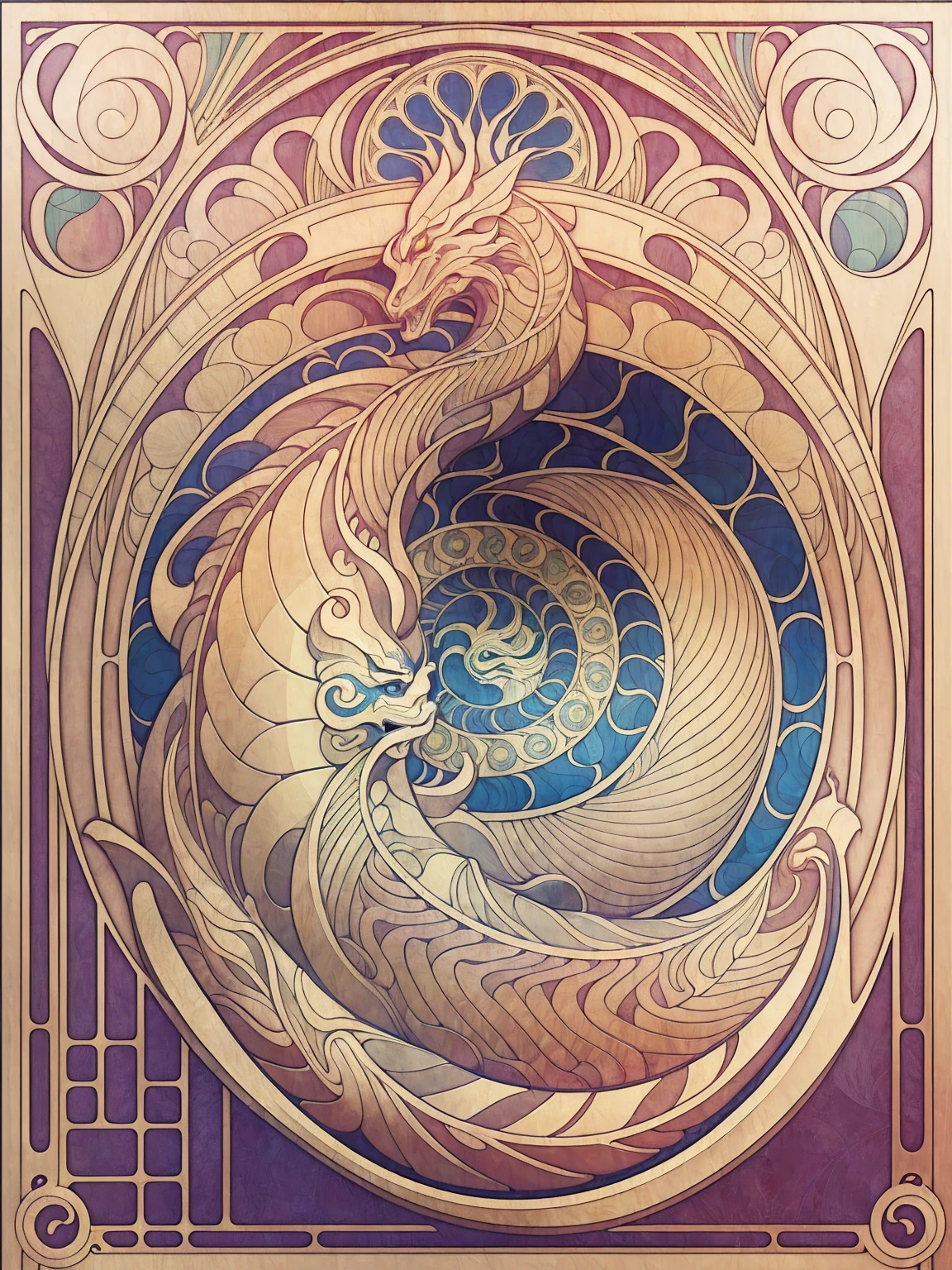 ((Art Nouveau Style)); A Traditional Japanese Dragon; symmetrical with thick lines, Fibonacci, golden ratio, 3D metal structure tessellation, neural graphic, neurons, color, love, passion, incredibly detailed, 8k, masterpiece, artstation, surreal