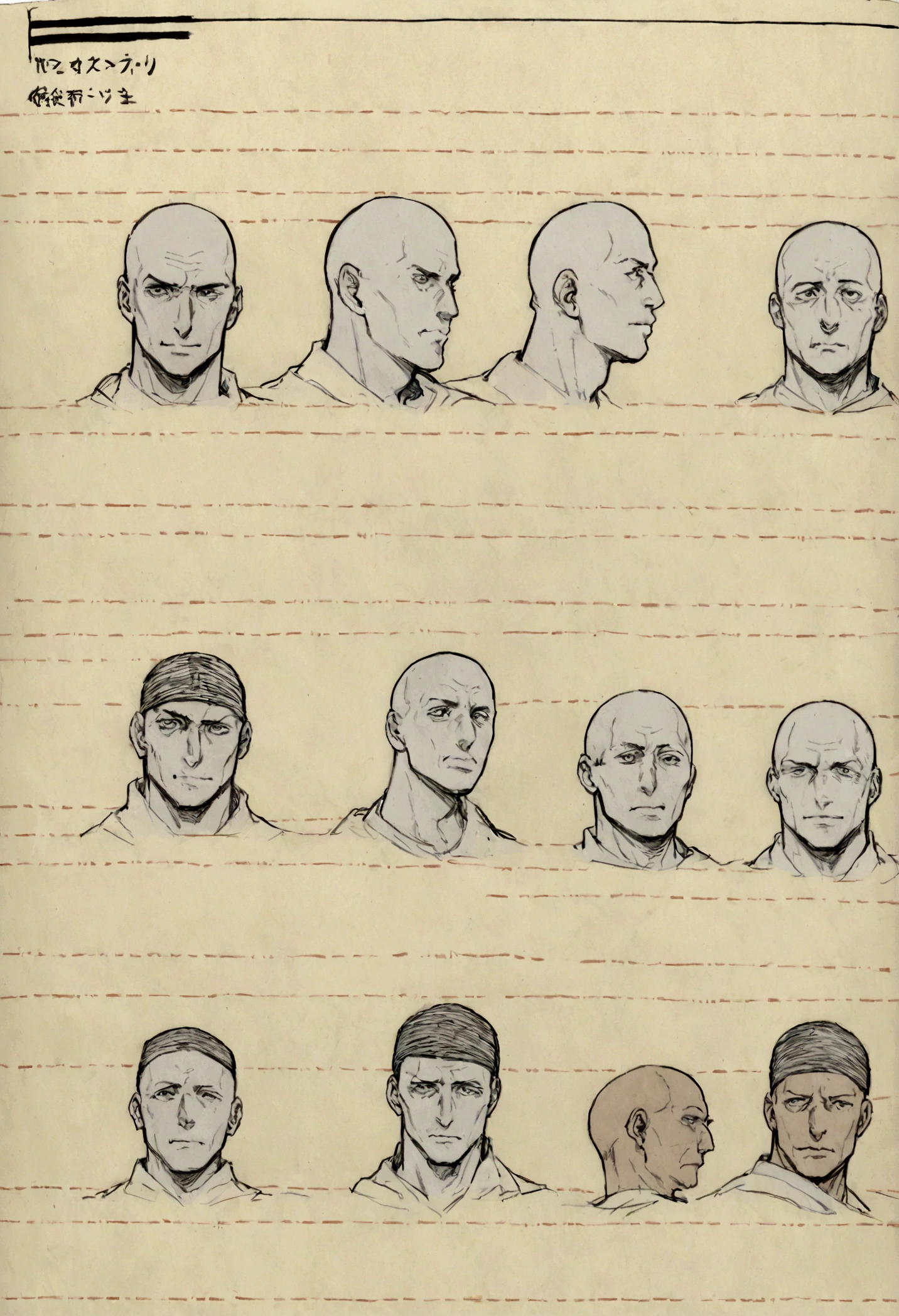 character reference sheet of a man, prisoner, line-up, bald character, looking at camera