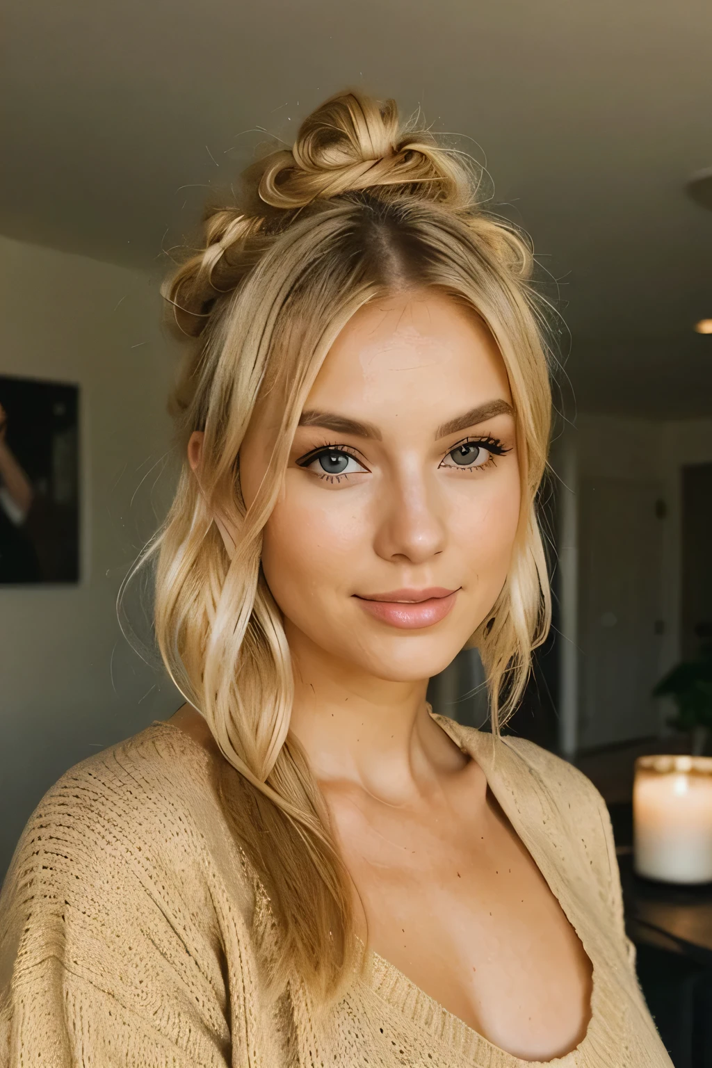 blonde woman making eye contact with hair, gathered in a bun, and light theme