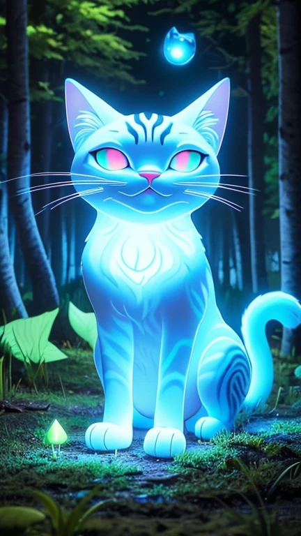 there is a cat that is sitting in the grass with mushrooms, green glowing eyes, magical glowing eyes, glowing eyes everywhere, with glowing eyes, alex grey cat, beautiful blue glowing eyes, cat in the forest, glowing magical eyes, blue glowing eyes, very glowing eyes, brightly glowing eyes, beautiful glowing eyes, large glowing eyes, glowing eyes, white glowing eyes