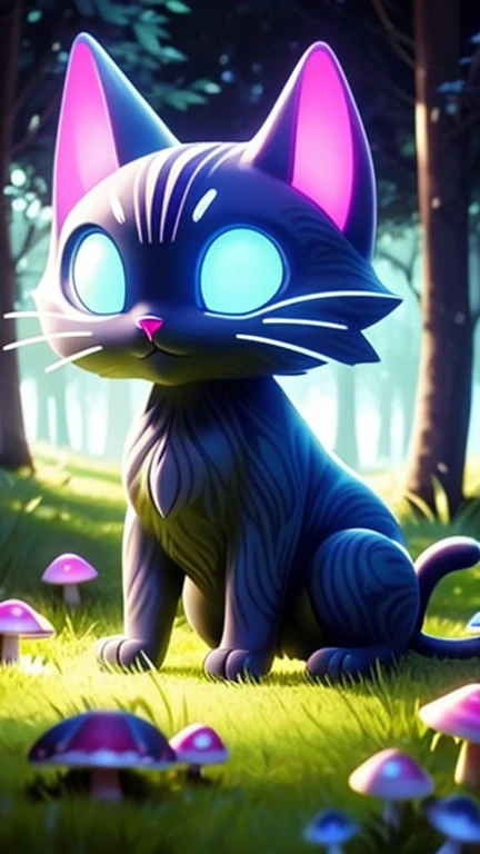 there is a cat that is sitting in the grass with mushrooms, green glowing eyes, magical glowing eyes, glowing eyes everywhere, with glowing eyes, alex grey cat, beautiful blue glowing eyes, cat in the forest, glowing magical eyes, blue glowing eyes, very glowing eyes, brightly glowing eyes, beautiful glowing eyes, large glowing eyes, glowing eyes, white glowing eyes