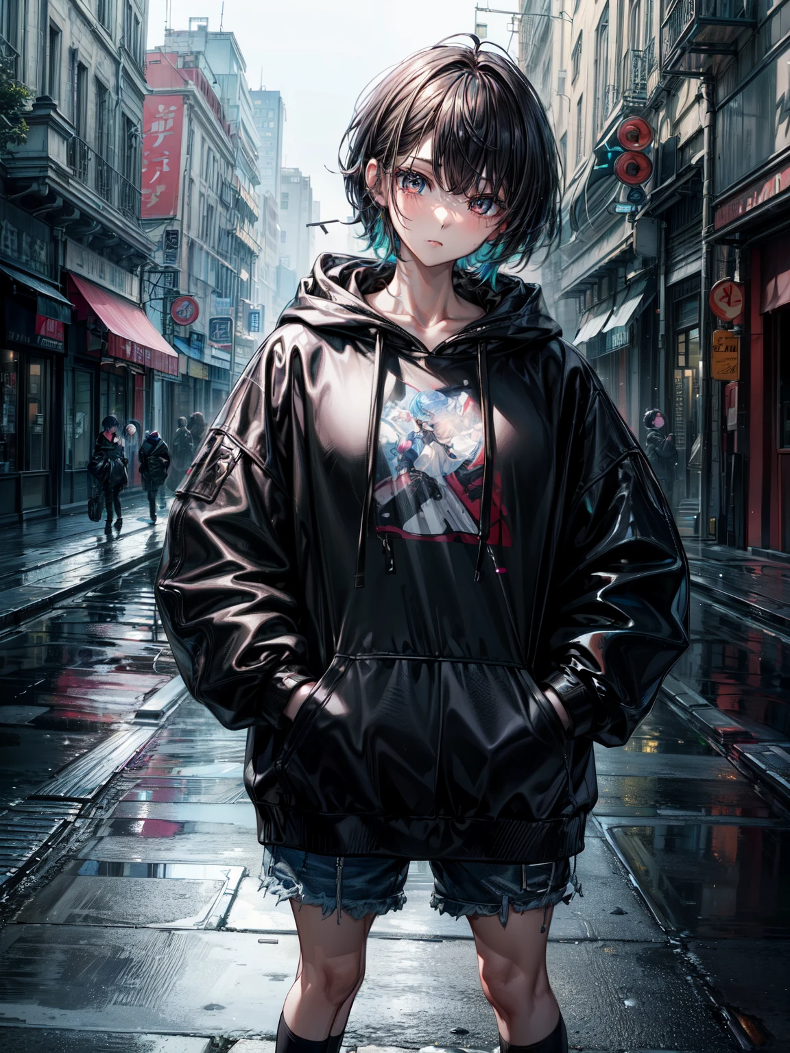8K resolution、((top-quality))、((masterpiece))、((ultra-detailliert))、1 woman、solo、incredibly absurdness、Oversized hoodies、headphones、Street、plein air、Sateen、neons、Shortcut Hair、Brightly colored eyes、Hands in pockets、shortpants、water dripping