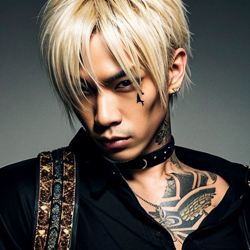 1 man, Japanese man, male, Asian eyes, muscular, broad shoulders, yakuza tattoos, hairstyle Visual Kei style, hair Visual Kei, black men's shirt and black pants, ultra detailed face, hyperrealistic, realistic representation, 30 years old, blond, blonde hair
