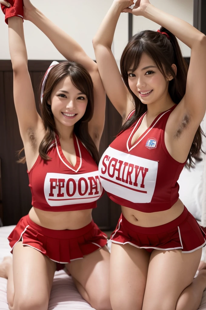 (nsfw),sharp focus,ultra detailed,(nsfw),brown medium hair,2females kneeling on bed,(saggy and gigantic breasts:1.2),(cheerful smile),(cheer uniform),(,logo printed red vest:1.1),arm up,(armpit hair:1.1),seductive japanese woman,(curvy female:1.3),cheerleading,cheer-pom-poms in hands,in elegant bedroom,