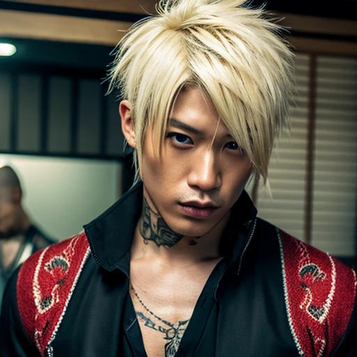 1 man, Japanese man, male, Asian eyes, muscular, broad shoulders, yakuza tattoos, hairstyle Visual Kei style, hair Visual Kei, black men's shirt and black pants, ultra detailed face, hyperrealistic, realistic representation, 30 years old, blond, blonde hair