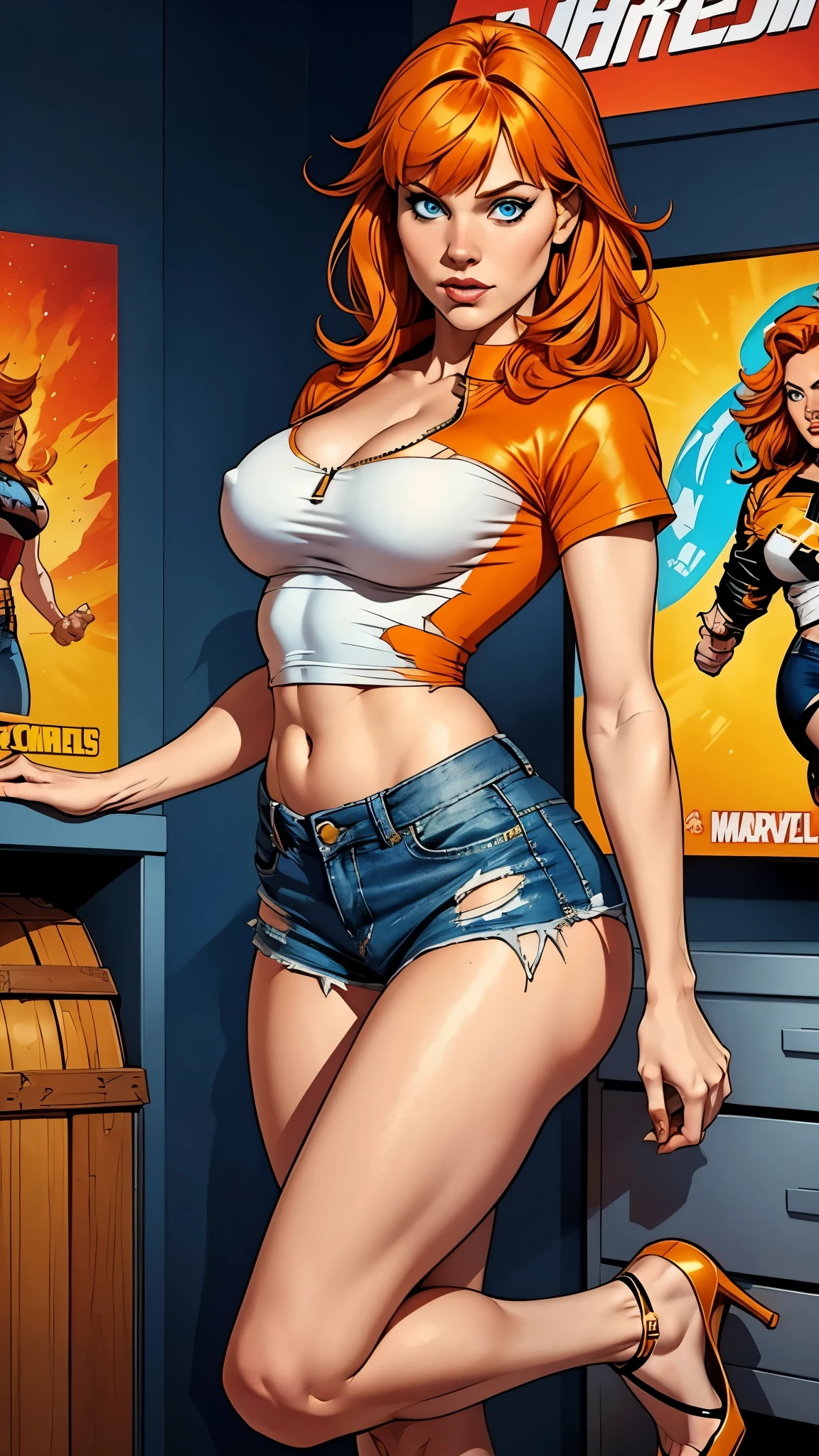 Nordic girl, white skin, medium-short height, medium orange hair, with unruly bangs. Lively and expressive blue eyes. She was wearing torn shorts, a shirt with a striking gold zipper. high heels most beautiful woman in the world, busty. Big hip. Comic style. Marvel comics style