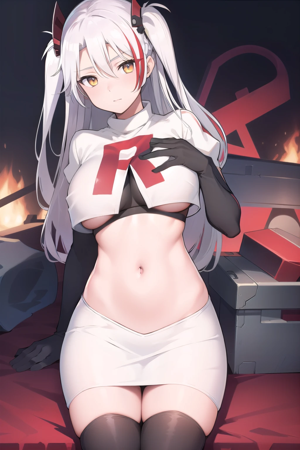 masterpiece, best quality, PrinzV4, 1girl, solo, long hair, breasts, looking at viewer, large breasts, navel, yellow eyes, white hair, red hair, multicolored hair, streaked hair, headgear, team rocket,team rocket uniform,white skirt,red letter R,crop top,black thigh-highs,black elbow gloves